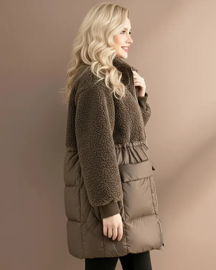 Női divatos, középhosszú bársony pehelykabát báránygyapjú szegéllyel