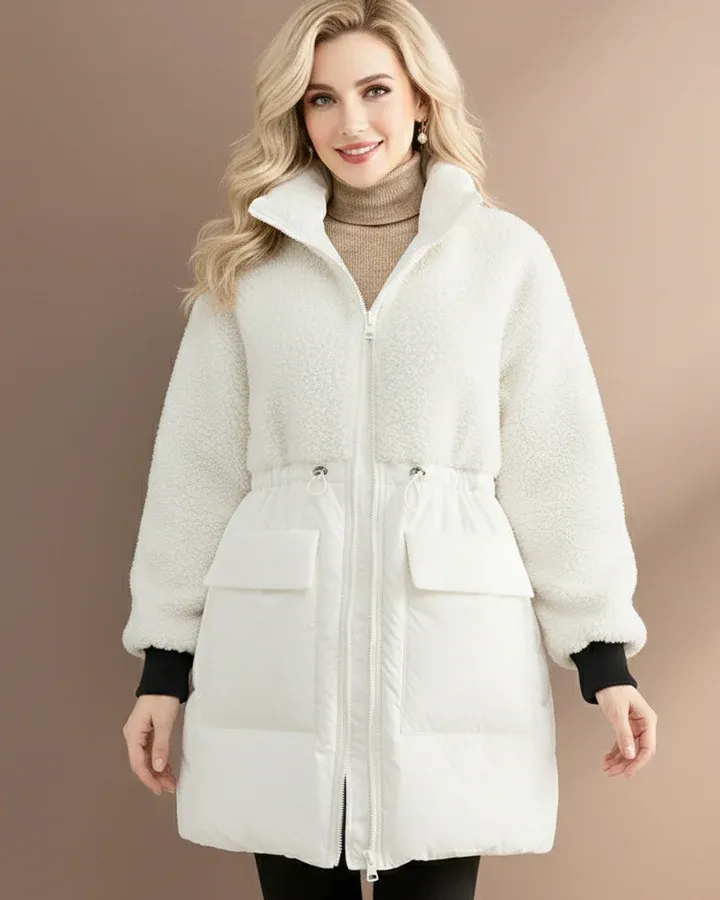 Női divatos, középhosszú bársony pehelykabát báránygyapjú szegéllyel