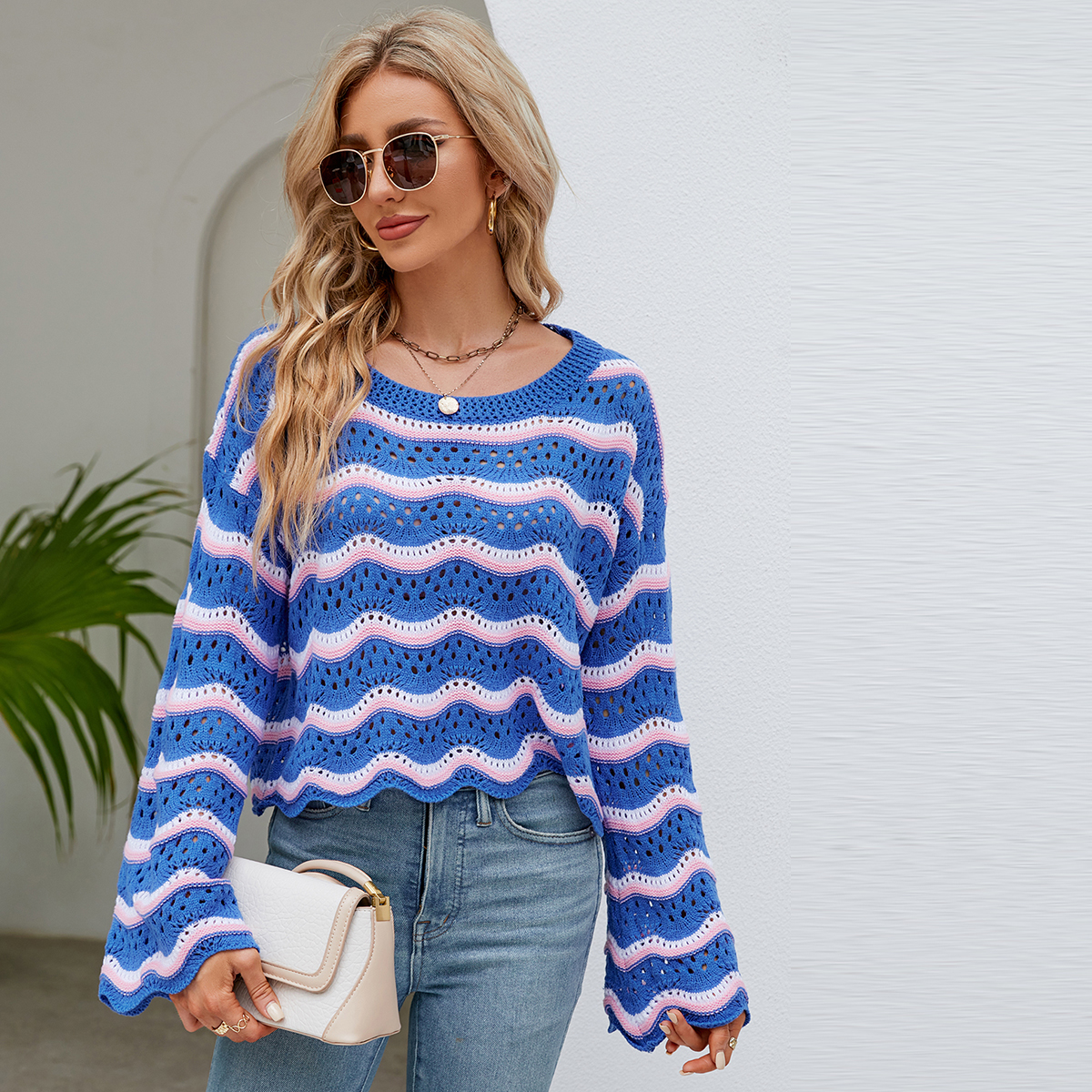 Women's long-sleeved round neck new style knitted striped sweater