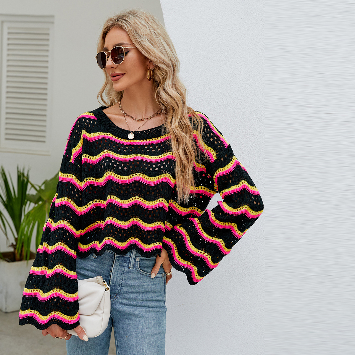 Women's long-sleeved round neck new style knitted striped sweater