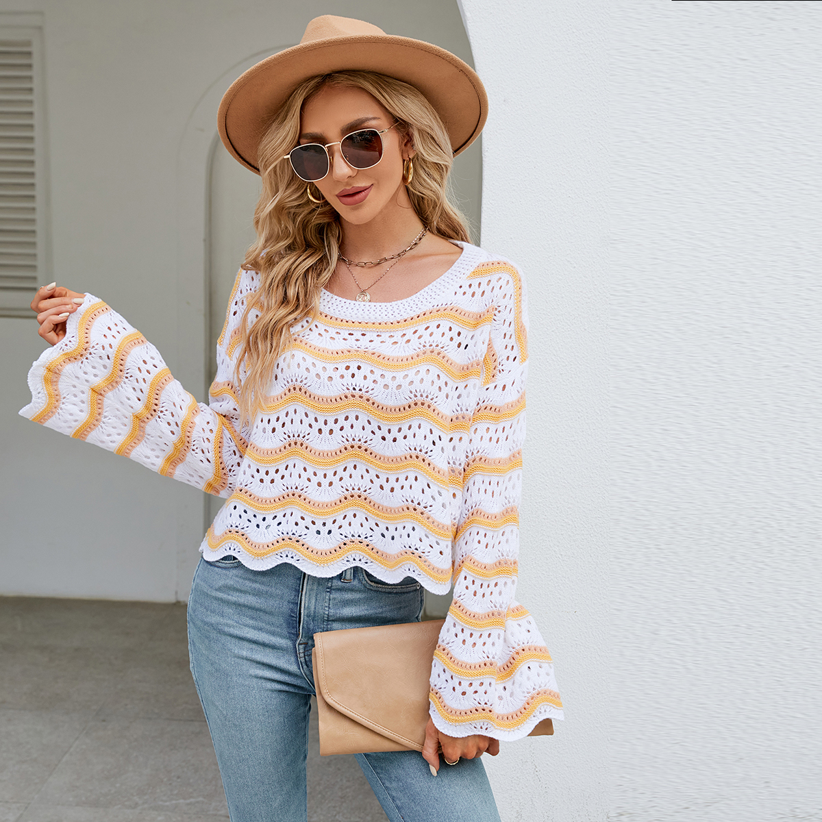 Women's long-sleeved round neck new style knitted striped sweater