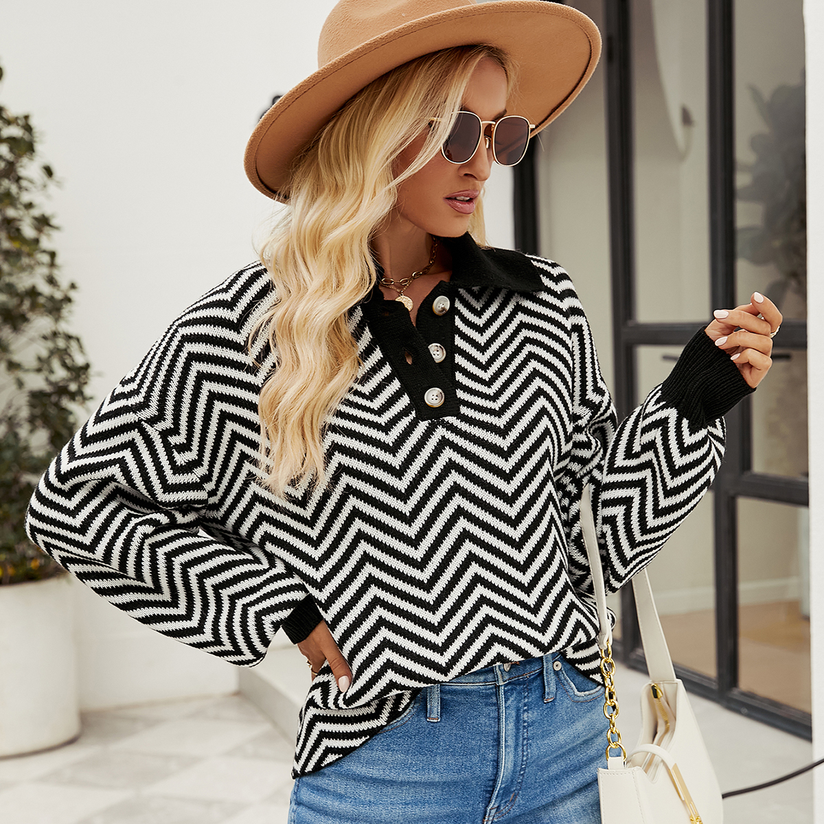 Fashion striped sweater for women long sleeve color block lapel sweater for women