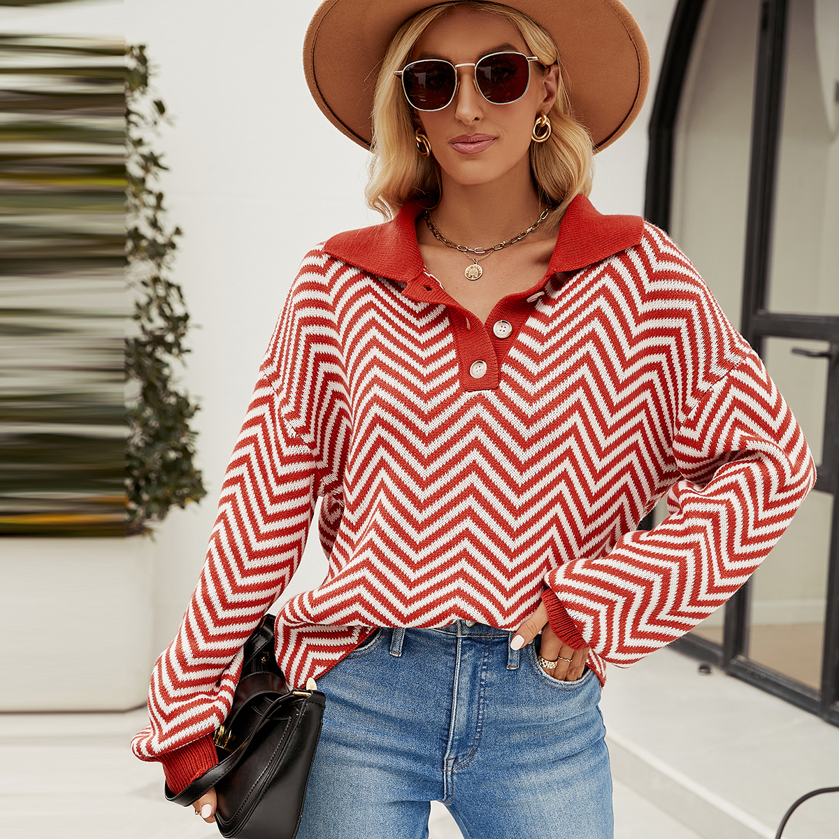 Fashion striped sweater for women long sleeve color block lapel sweater for women