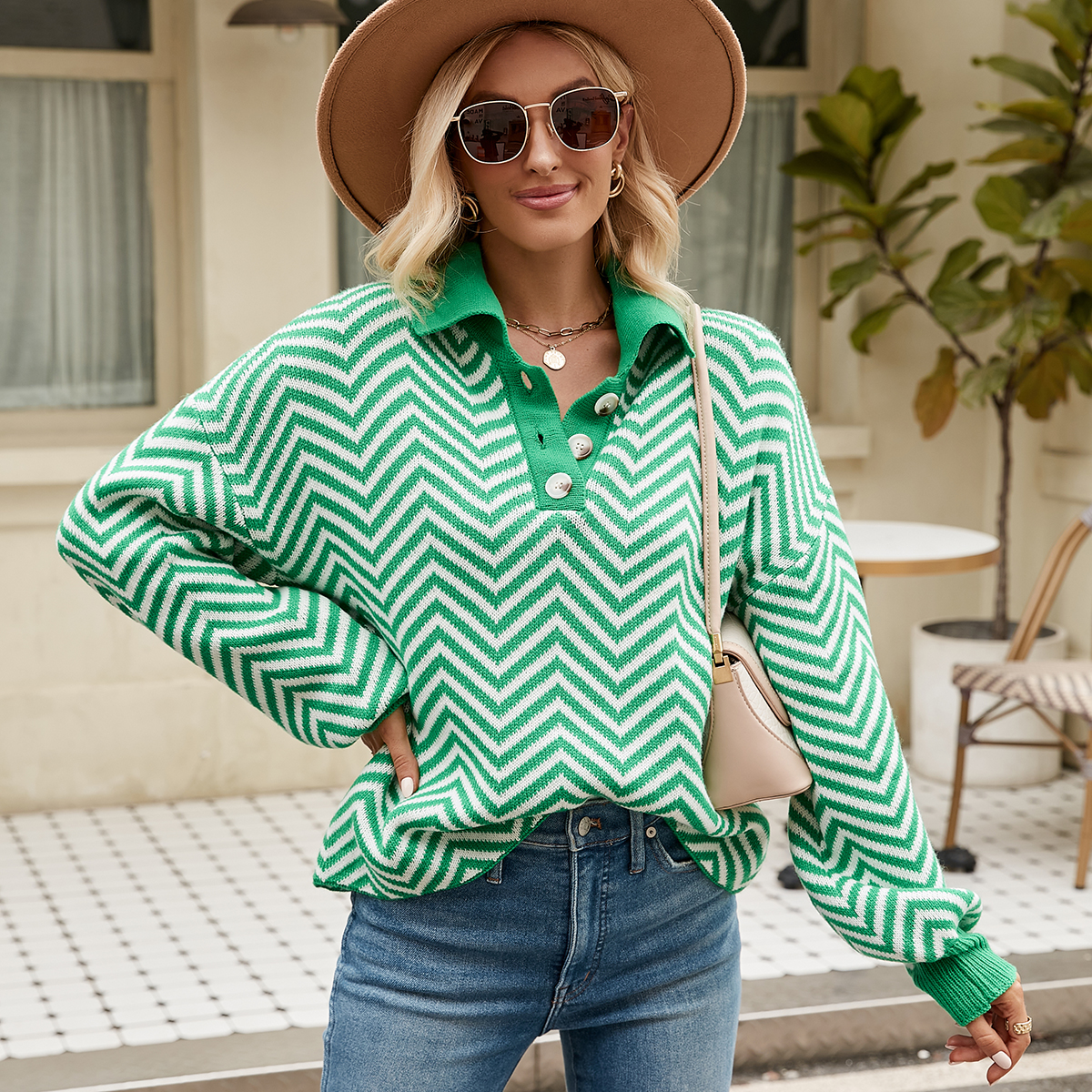 Fashion striped sweater for women long sleeve color block lapel sweater for women