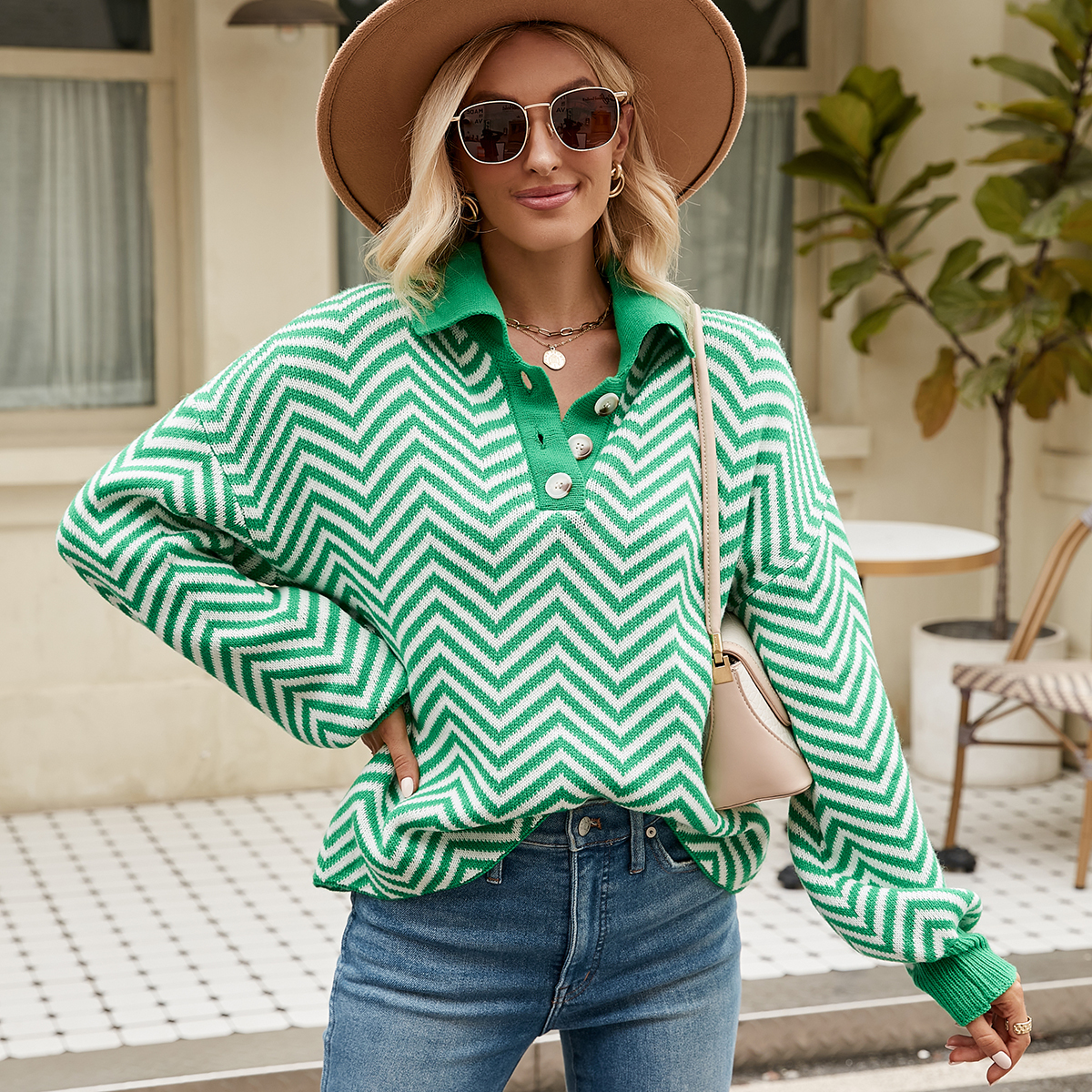 Fashion striped sweater for women long sleeve color block lapel sweater for women