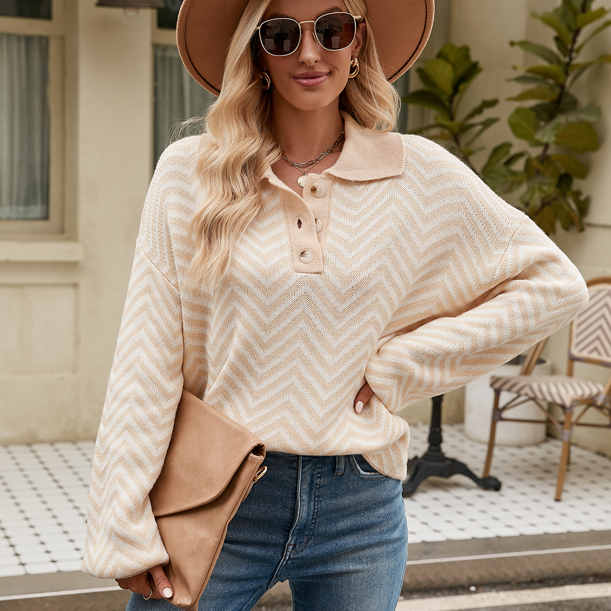 Fashion striped sweater for women long sleeve color block lapel sweater for women