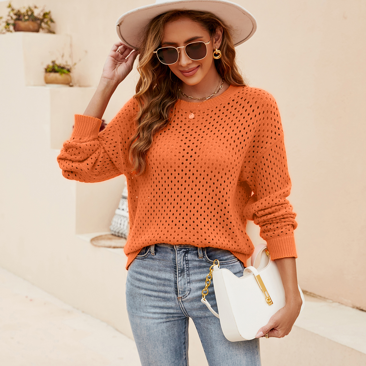 Solid color women's knitted sweater hollow pullover crew neck sweater for women