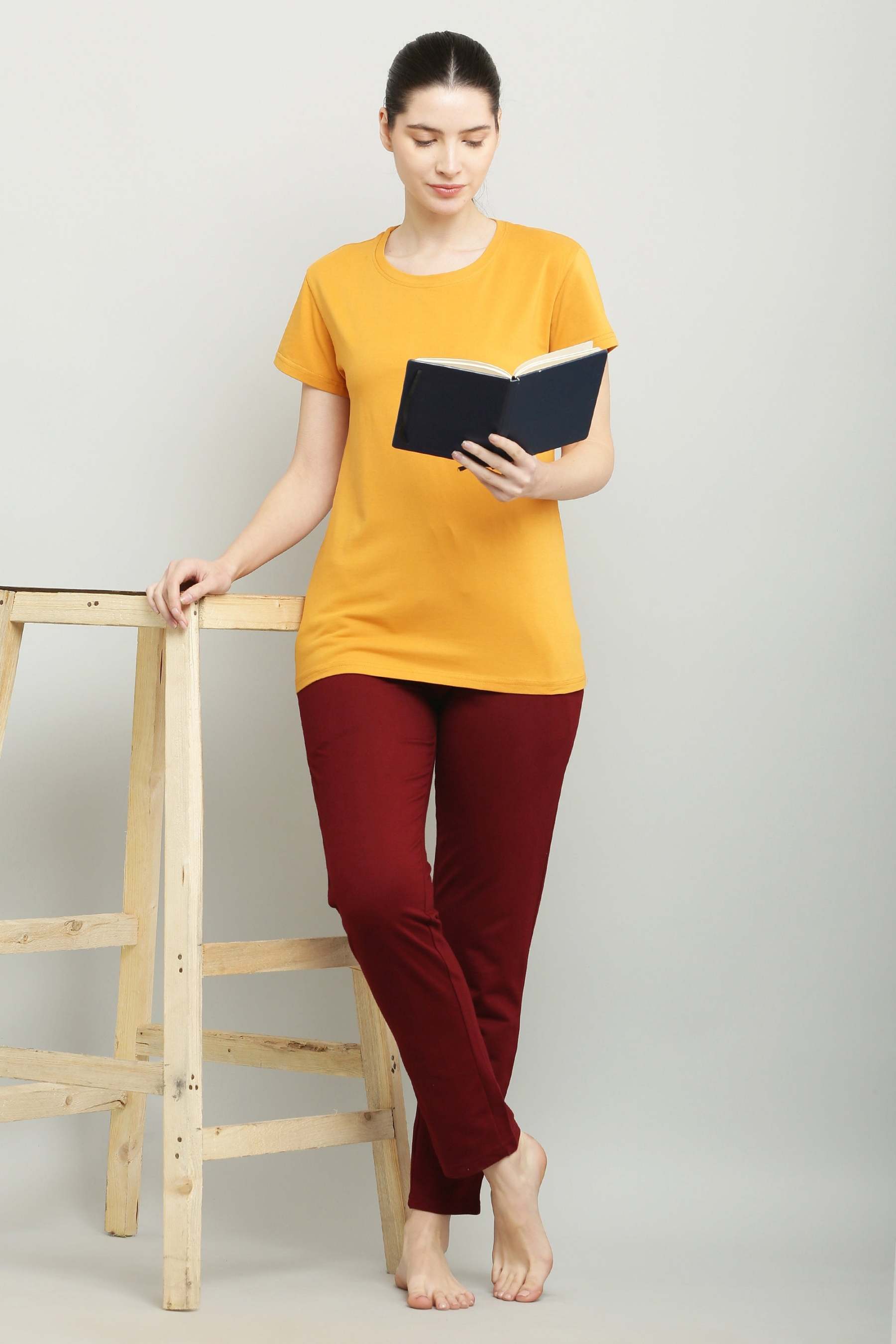 Black & Maroon Combed Cotton Track Pant For Women