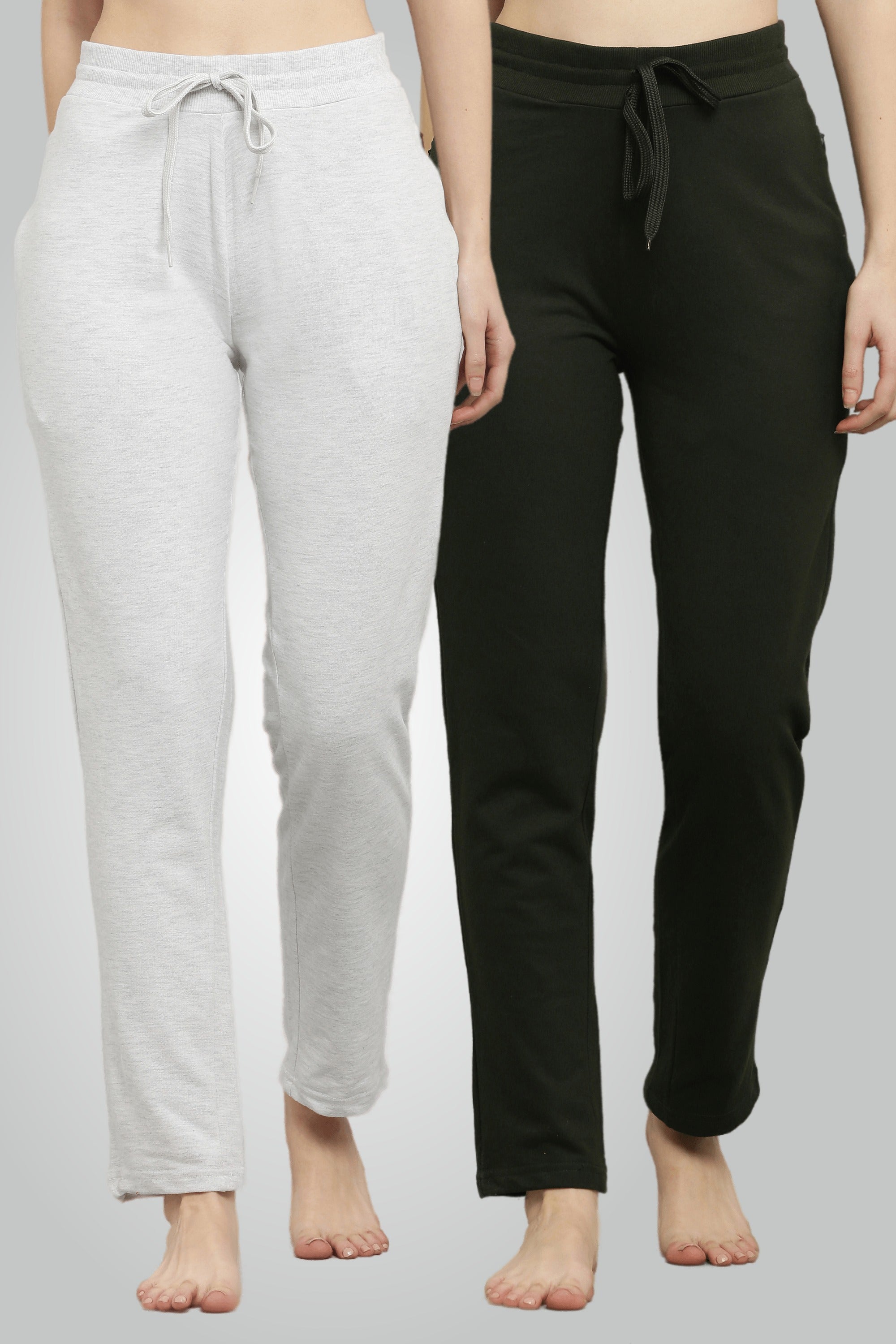 Melange szürke és olívazöld fésült pamut futónadrág nőknek