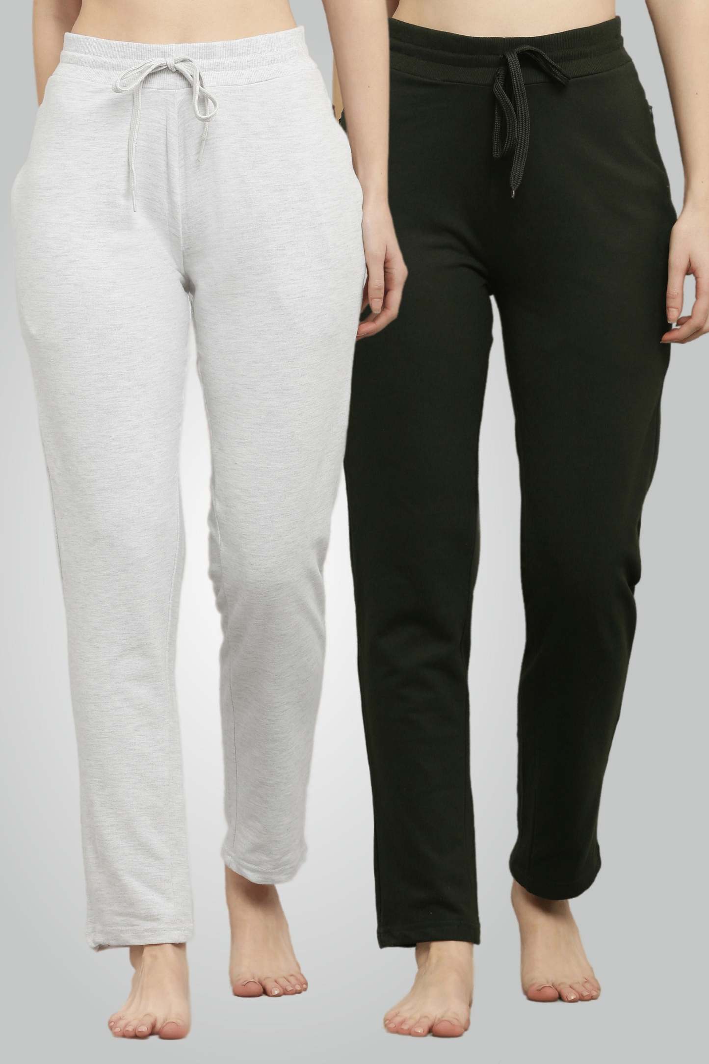 Melange szürke és olívazöld fésült pamut futónadrág nőknek