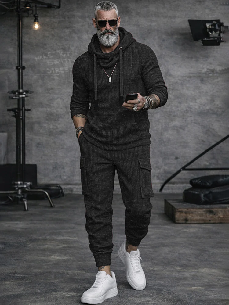 Férfi lezser csíkos kötött kapucnis kétrészes szett