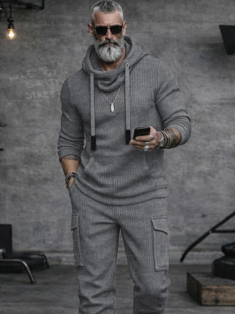 Férfi lezser csíkos kötött kapucnis kétrészes szett