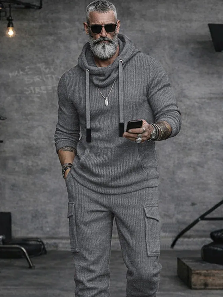 Férfi lezser csíkos kötött kapucnis kétrészes szett