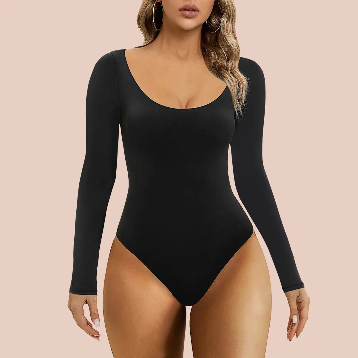 Shaperx Long Sleeve Bodysuit Tops Scoop Neck Thong Body Shaper-SALLIBERTY