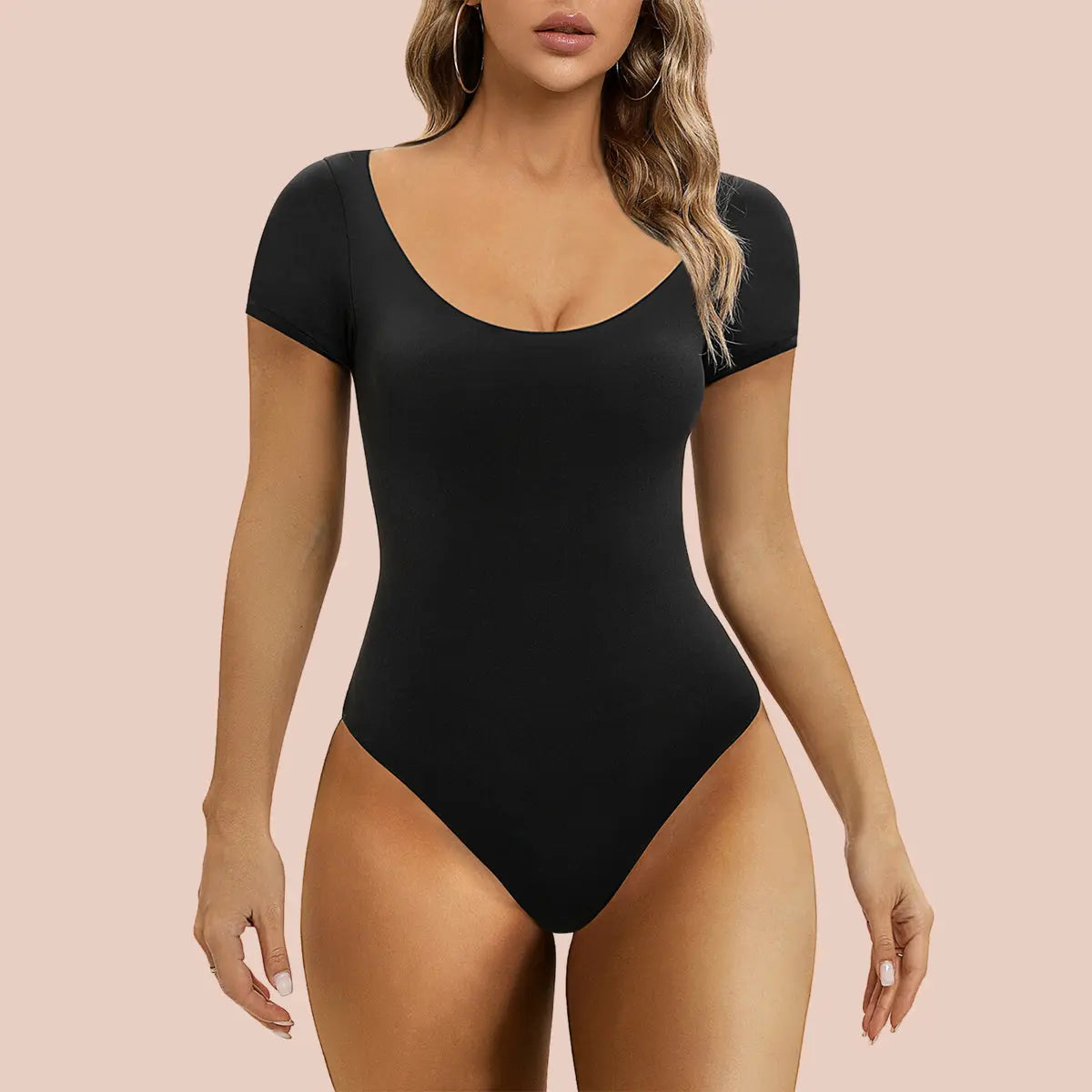 Shaperx Short Sleeve Bodysuit Tops Scoop Neck Thong Body Shaper-SALLIBERTY