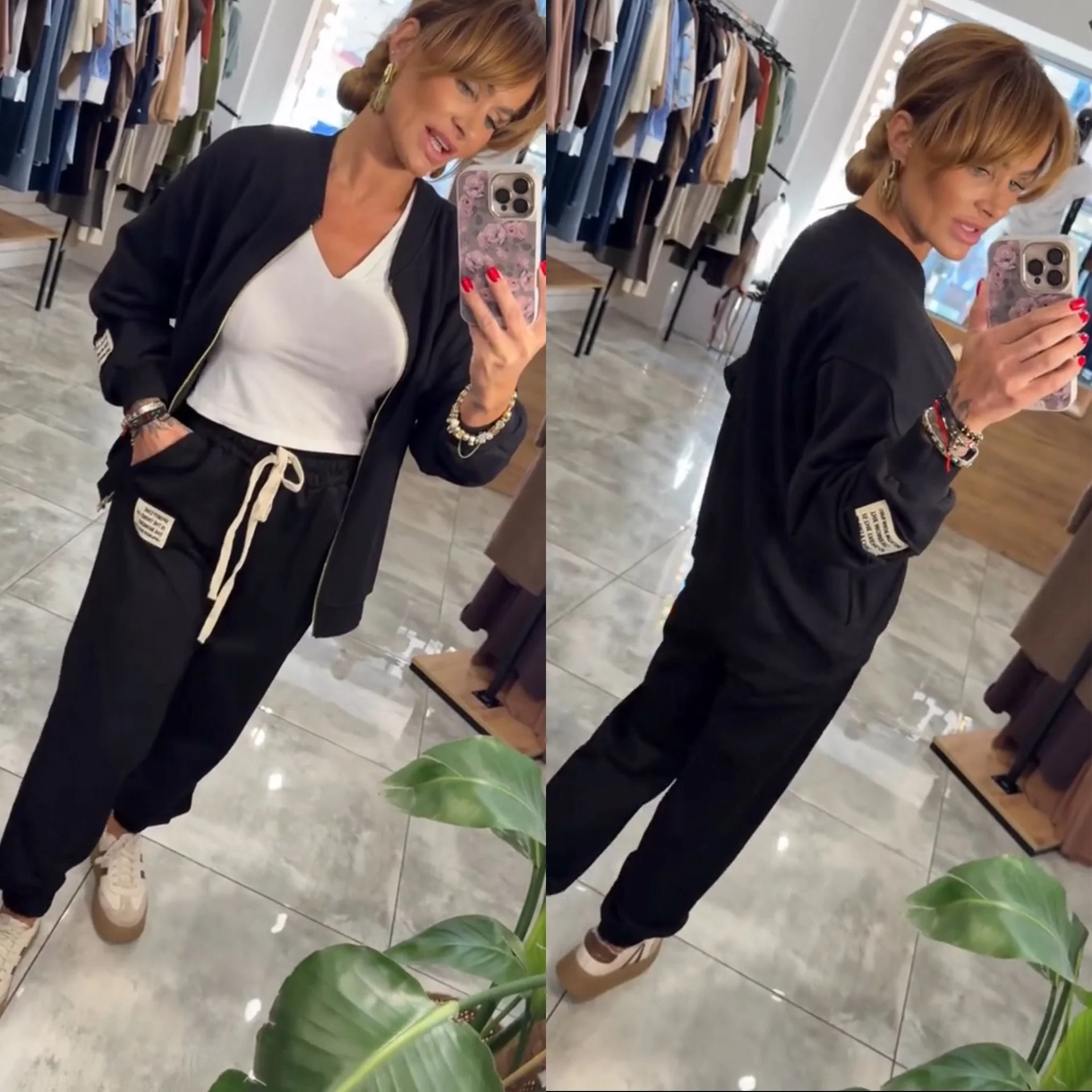 Egyszínű, kerek nyakú, cipzáras kabát és nadrág, kétrészes szett