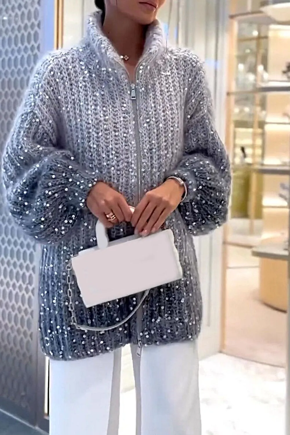 Női csillogó pulóver kardigán