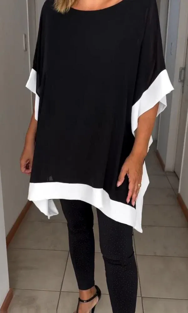 Női kerek nyakú, színblokkolt denevérszárnyú ujjú felső