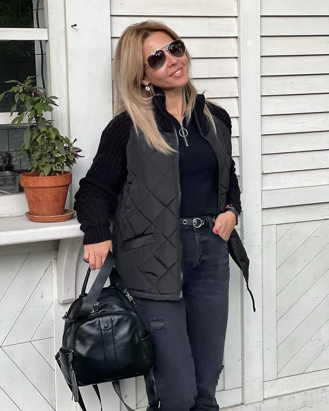 Női kötött, patchwork, cipzáras, állványgalléros kabát