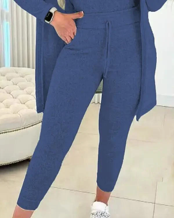 Női kerek nyakú trikó és húzózsinóros nadrág szett kabáttal