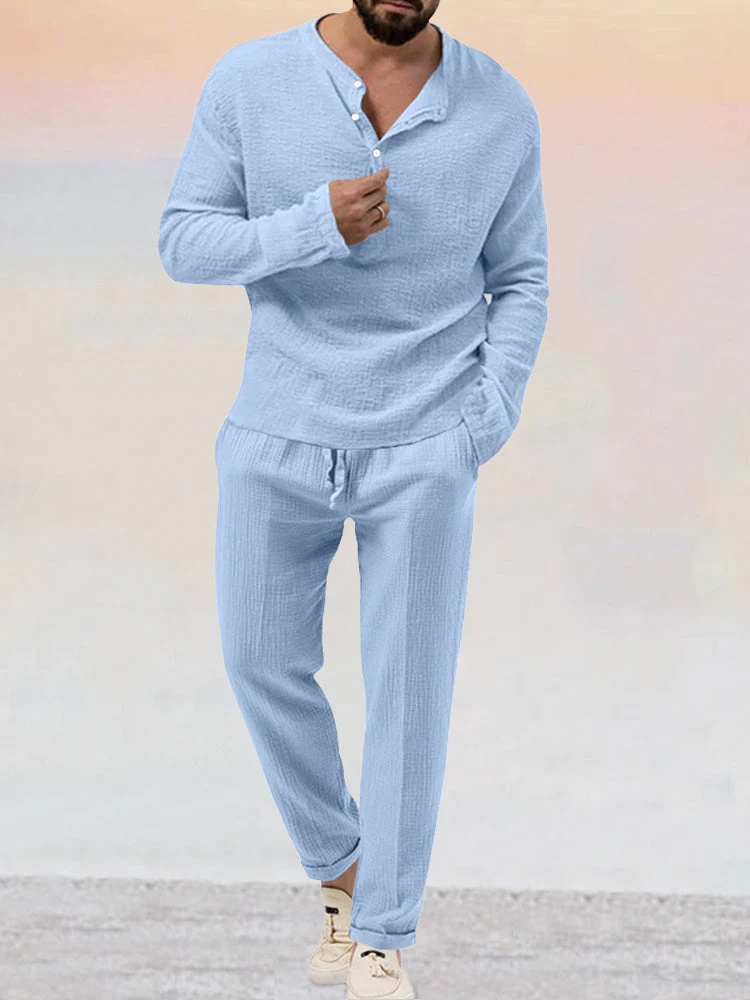 Férfi lezser kétrészes öltöny pamutból és lenvászonból