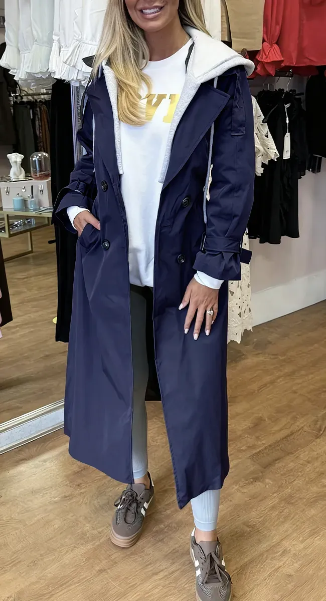 Női kapucnis, hajtókás, kétrészes, hamis, lezser, hosszú ballonkabát