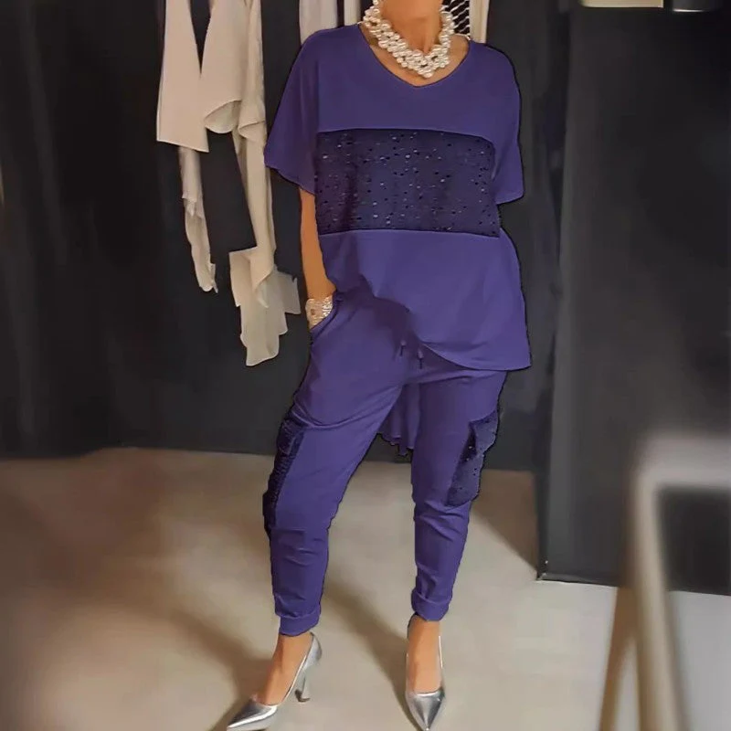 Kétrészes Rövid Ujjú Patchwork Póló és Nadrág Szett