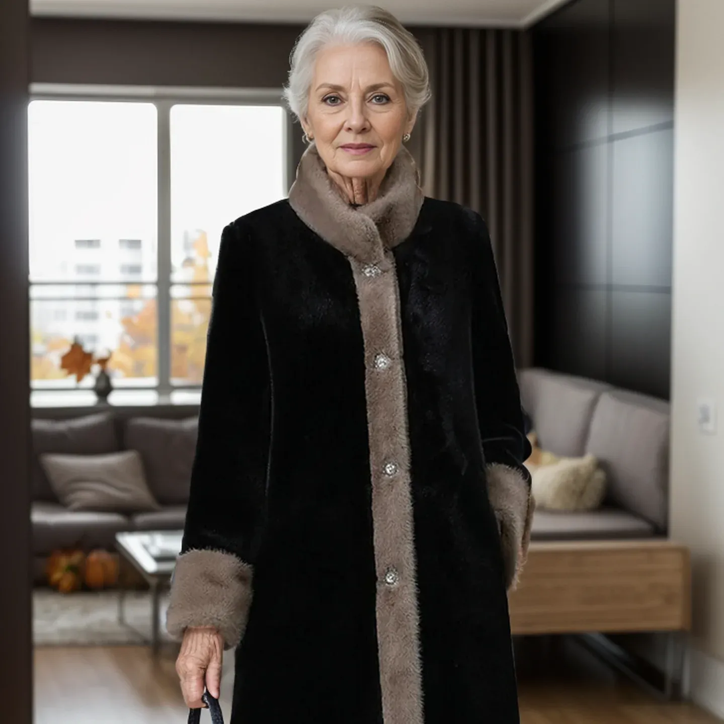 Női luxus műbársony középhosszú kabát