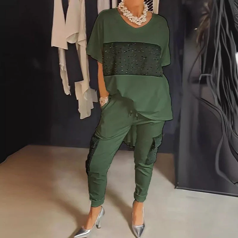 Kétrészes Rövid Ujjú Patchwork Póló és Nadrág Szett