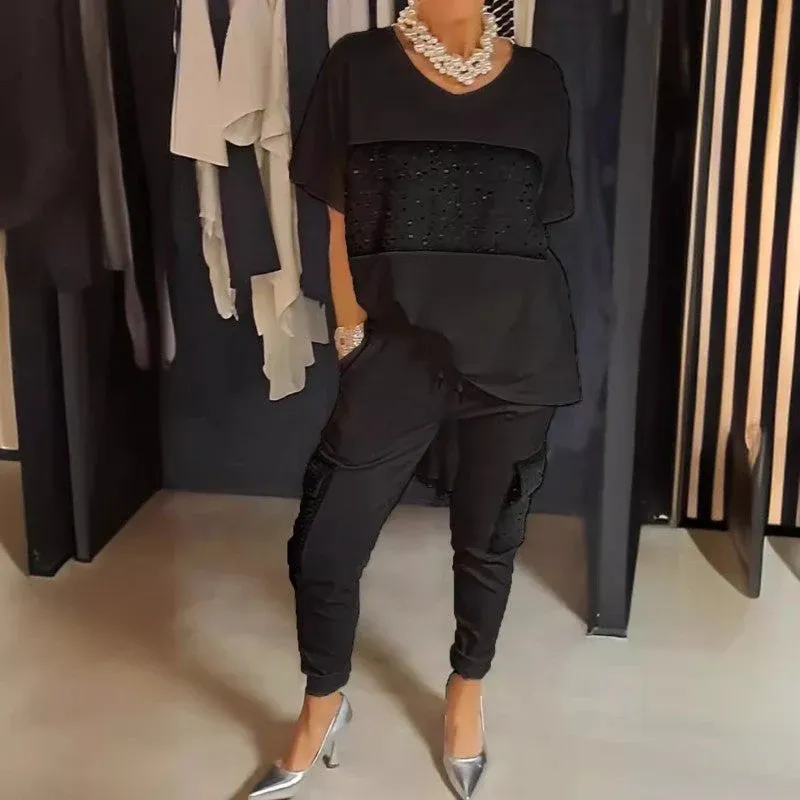 Kétrészes Rövid Ujjú Patchwork Póló és Nadrág Szett