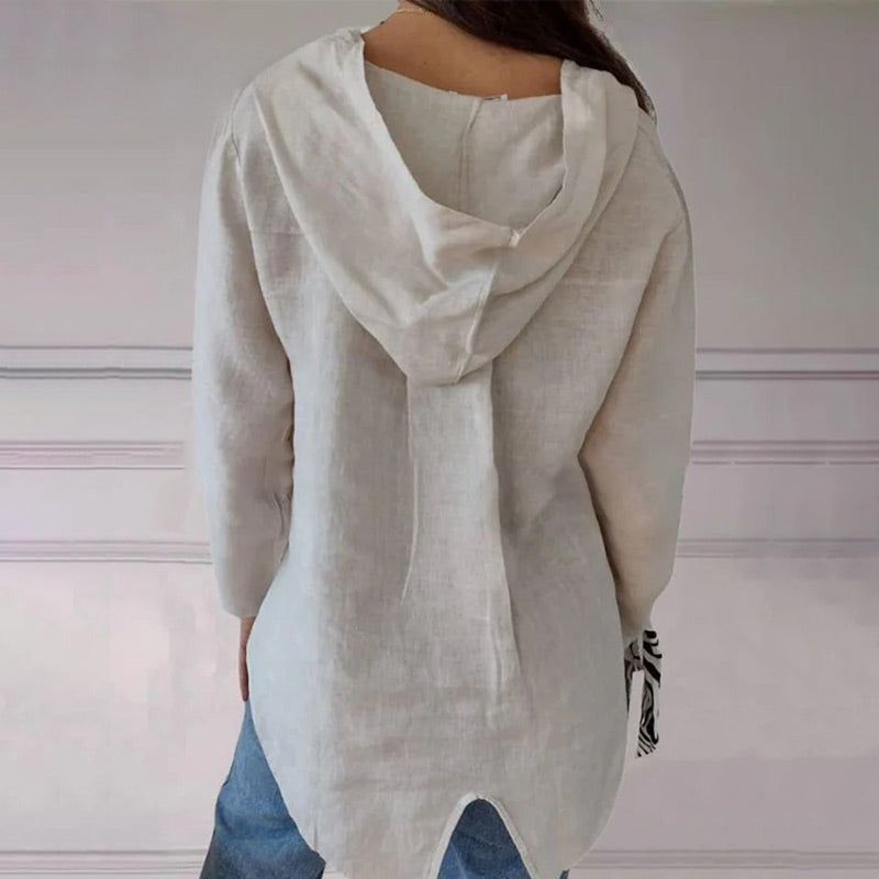 Egyszín kapucnis pulóver V-nyakkal