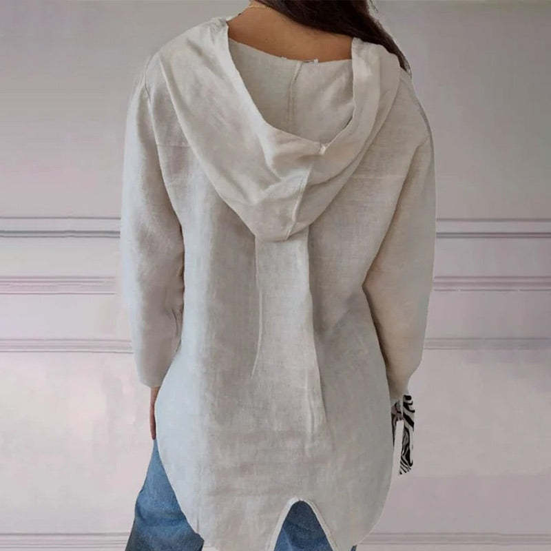 Egyszín kapucnis pulóver V-nyakkal