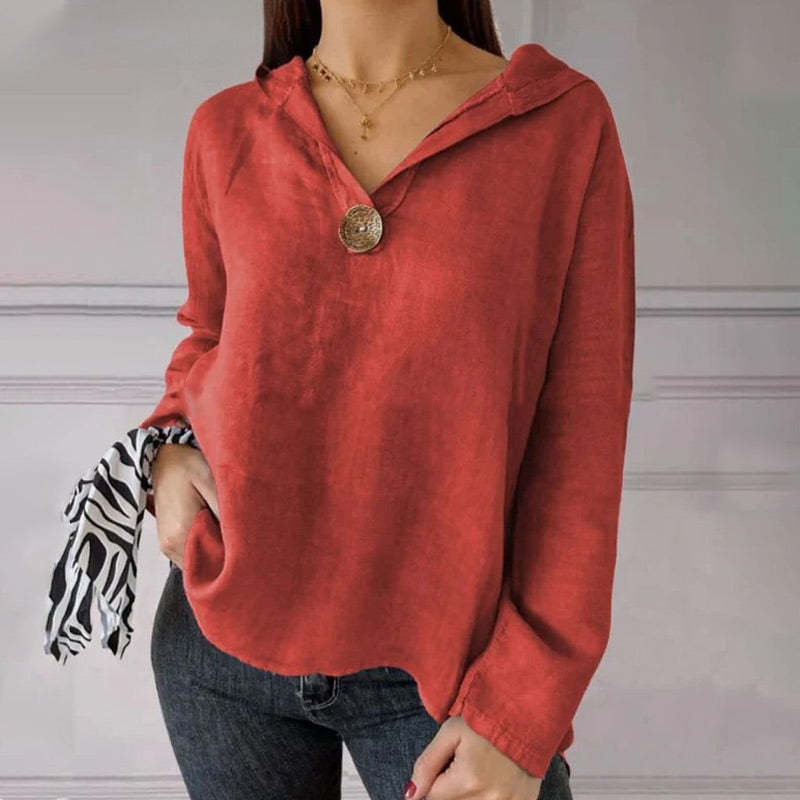 Egyszín kapucnis pulóver V-nyakkal