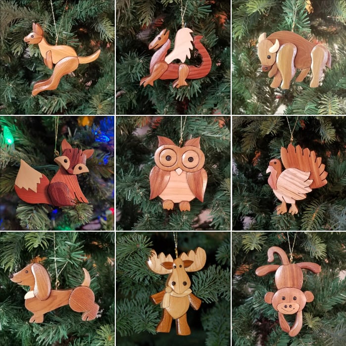 Hand-Carved Wooden Animal Christmas Ornaments