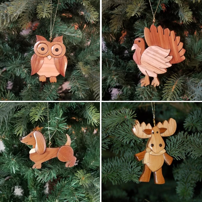 Hand-Carved Wooden Animal Christmas Ornaments