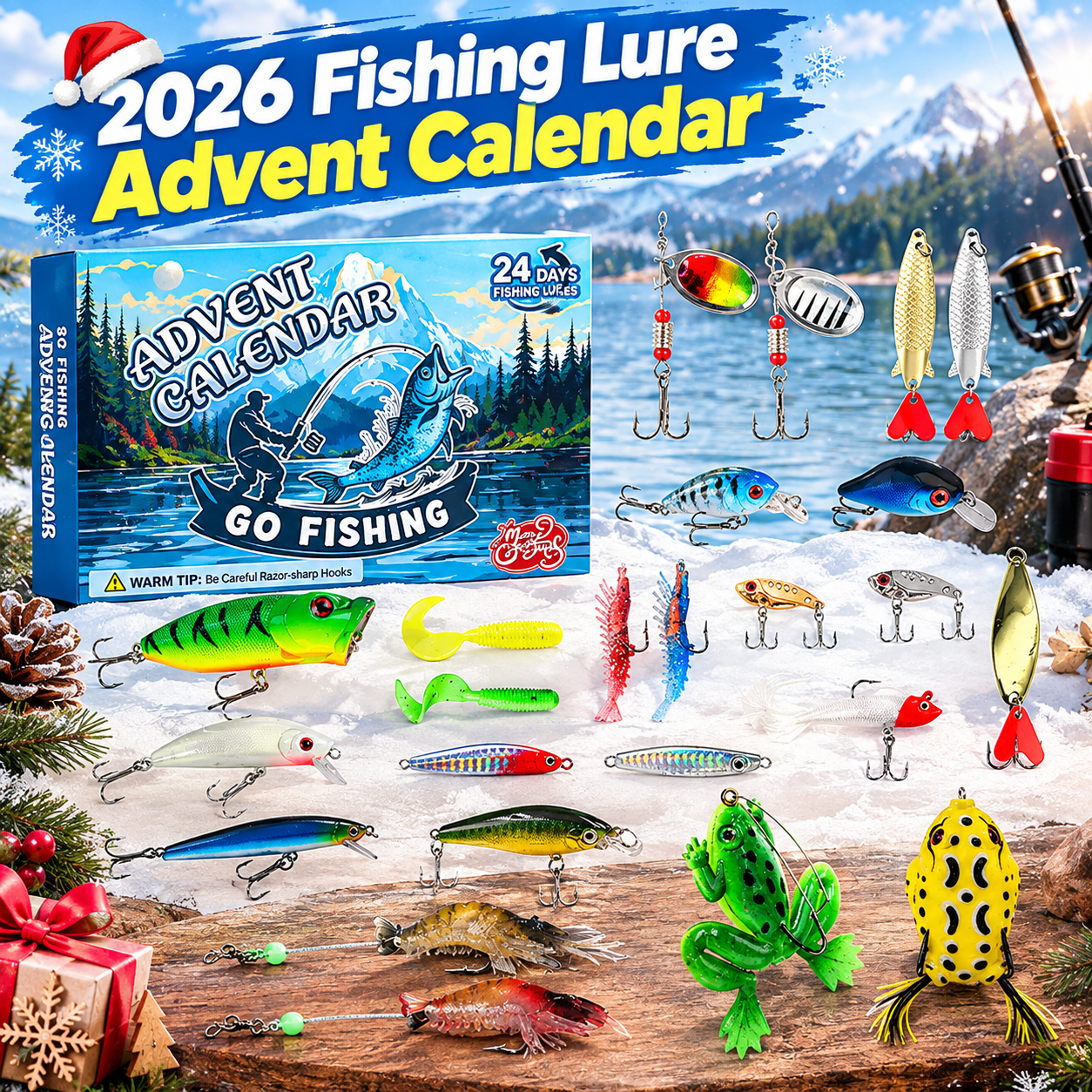 2026 Fishing Lure Advent Calendar - 24-Day Christmas Countdown Fish Tackle Set with High