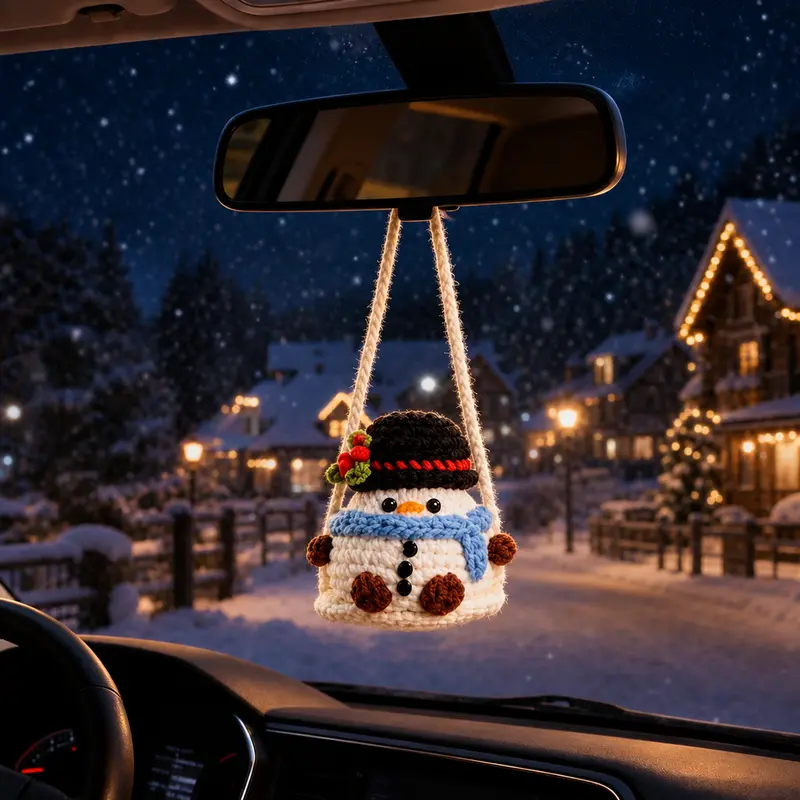 Swinging Holiday Crochet - Christmas Car Hanging Decor with Santa Tree Snowman - Handmade Amigurumi Festive Ornament Set