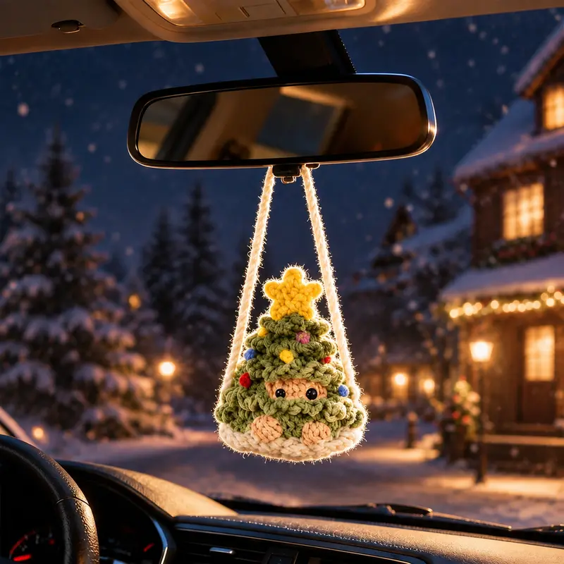 Swinging Holiday Crochet - Christmas Car Hanging Decor with Santa Tree Snowman - Handmade Amigurumi Festive Ornament Set
