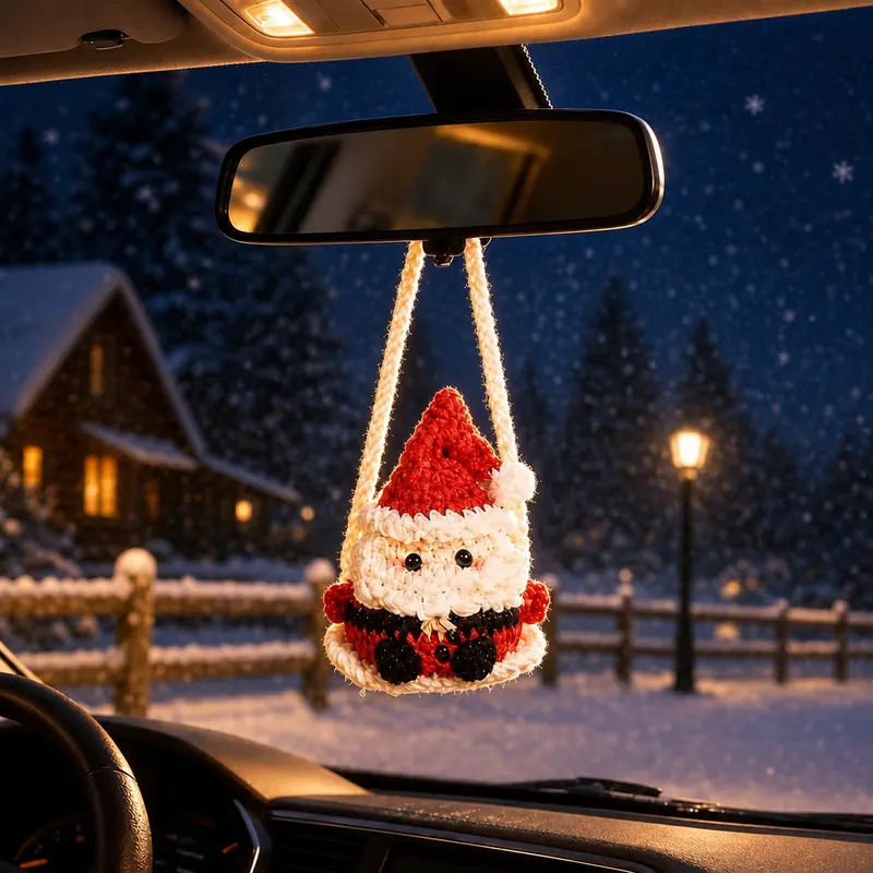 Swinging Holiday Crochet - Christmas Car Hanging Decor with Santa Tree Snowman - Handmade Amigurumi Festive Ornament Set