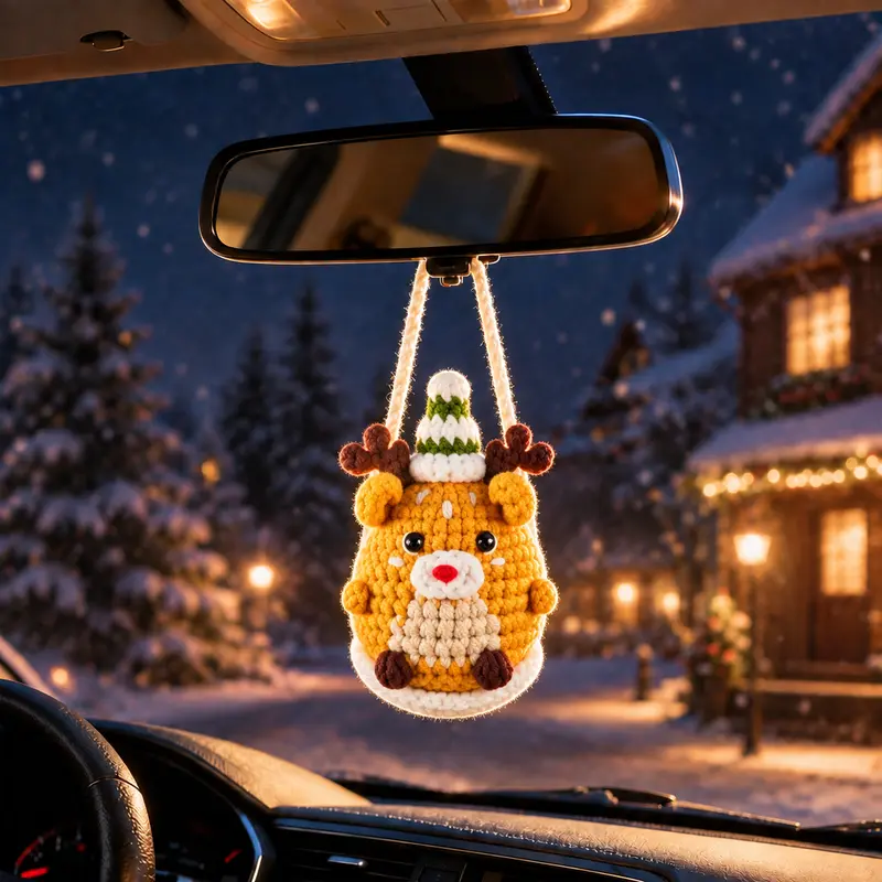 Swinging Holiday Crochet - Christmas Car Hanging Decor with Santa Tree Snowman - Handmade Amigurumi Festive Ornament Set