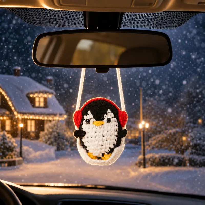 Swinging Holiday Crochet - Christmas Car Hanging Decor with Santa Tree Snowman - Handmade Amigurumi Festive Ornament Set