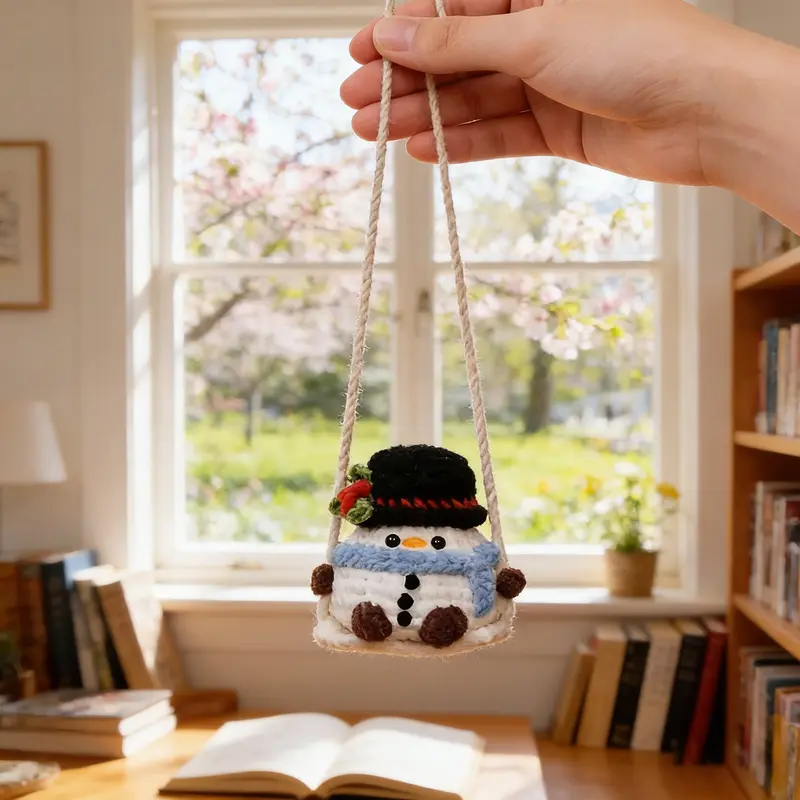 Swinging Holiday Crochet - Christmas Car Hanging Decor with Santa Tree Snowman - Handmade Amigurumi Festive Ornament Set