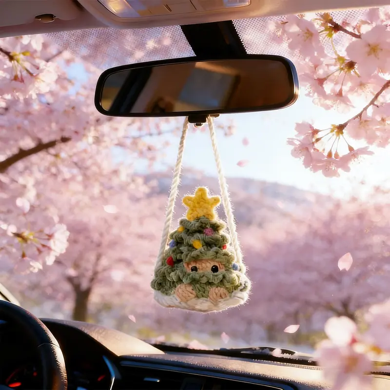 Swinging Holiday Crochet - Christmas Car Hanging Decor with Santa Tree Snowman - Handmade Amigurumi Festive Ornament Set