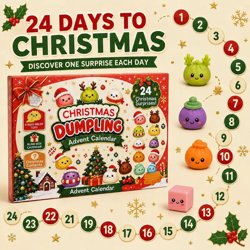 KIDGENIUS 2026 24-Day Christmas Advent Calendar - Unisex Kids Toys, Dumpling Squishies, Glitter Fidgets, Reindeer/Santa Stress Relief Toys, Holiday Countdown Gift