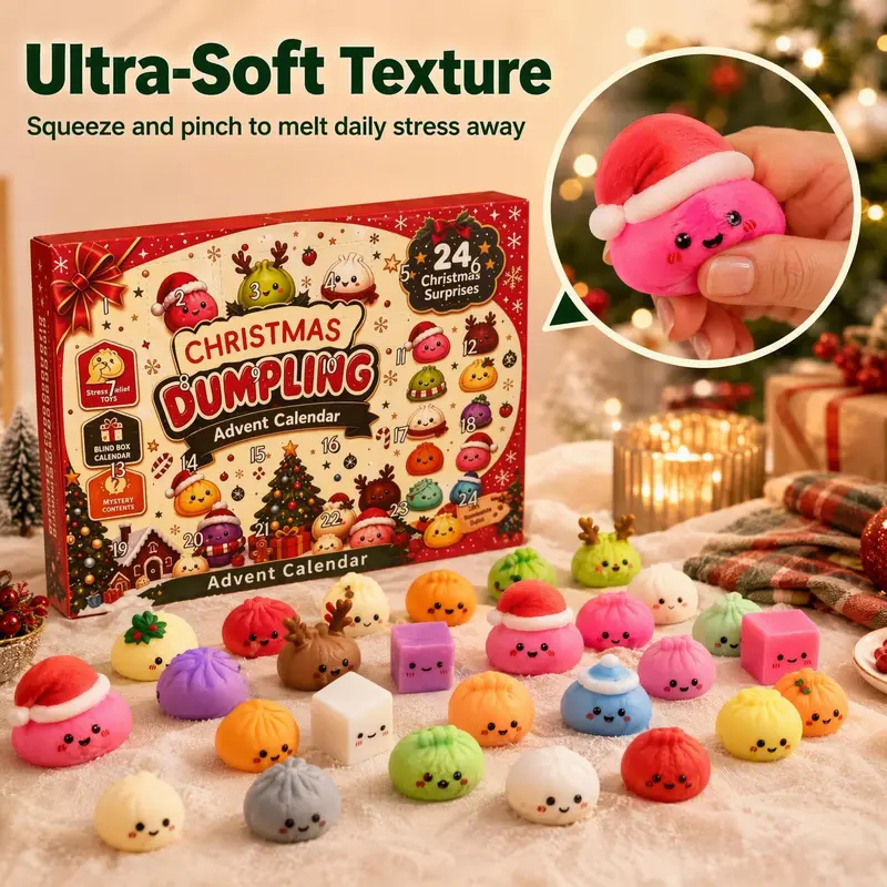 KIDGENIUS 2026 24-Day Christmas Advent Calendar - Unisex Kids Toys, Dumpling Squishies, Glitter Fidgets, Reindeer/Santa Stress Relief Toys, Holiday Countdown Gift