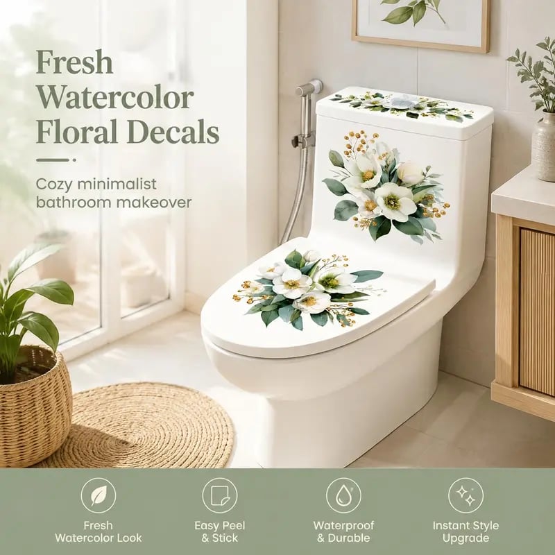🎁3-Piece Floral Bathroom Toilet Sticker Set – Decorative Peel & Stick Decals