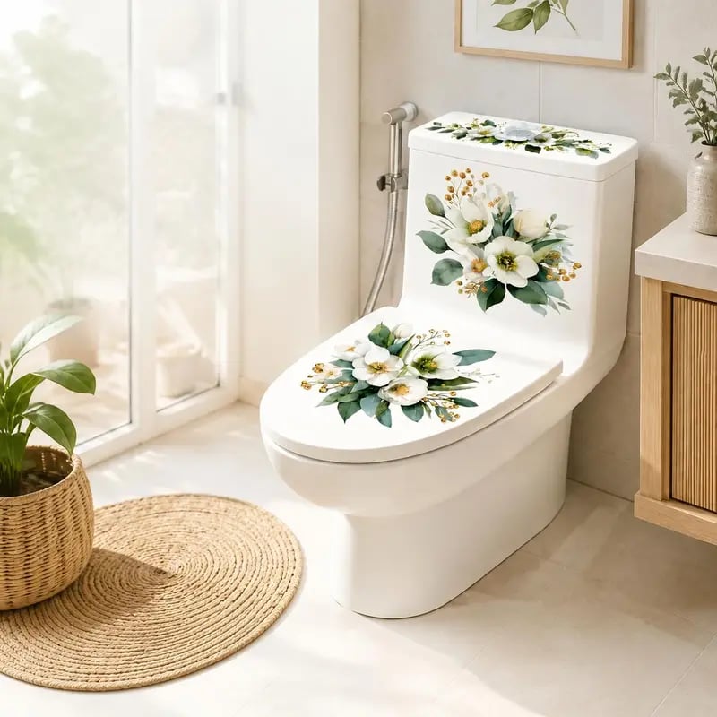 🎁3-Piece Floral Bathroom Toilet Sticker Set – Decorative Peel & Stick Decals