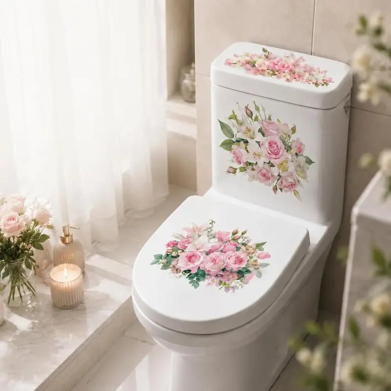 🎁3-Piece Floral Bathroom Toilet Sticker Set – Decorative Peel & Stick Decals