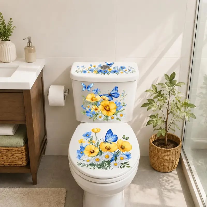 🎁3-Piece Floral Bathroom Toilet Sticker Set – Decorative Peel & Stick Decals