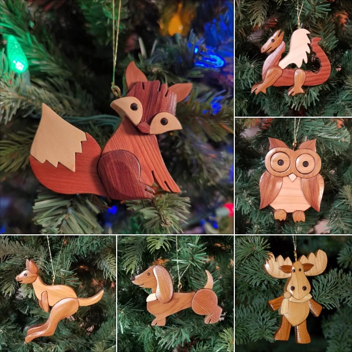 Hand-Carved Wooden Animal Christmas Ornaments